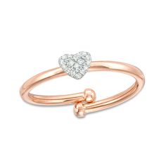 A brilliant expression of love, this adjustable diamond heart ring makes any day special. Crafted in precious 10K rose gold with flex stainless steel tubing, this bypass design with ball ends "gives" for a comfy fit. At the center, a dainty and sparkling diamond-lined heart relays your affection. Radiant with 1/20 ct. t.w. diamonds and a bright polished shine, this adjustable choice takes the size worry out of the gift. This ring is available in size 7 and adjusts to fit sizes 6 to 8. Diamond Heart Ring, Stainless Steel Tubing, Sparkling Diamond, Sparkle Diamonds, Heart Jewelry, White Ring, Diamond Heart, Adjustable Ring, Diamond Clarity