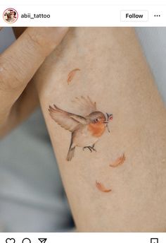 a woman's arm with a small bird tattoo on the left side of her body