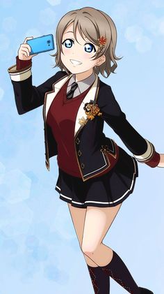 an anime character holding a cell phone up to her ear and wearing a school uniform