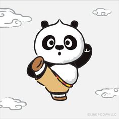 a cartoon panda flying through the air with an ice cream cone in his hand and clouds behind him