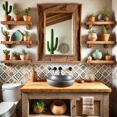 a bathroom with potted plants on the shelves and a sink in front of a mirror