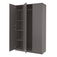 an open gray cabinet with shelves on both sides