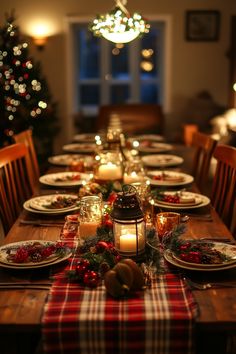 a dining room table set for christmas with candles and plates on the table in front of it