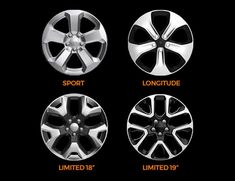 four different types of wheel rims with the words sport, longtude and limited