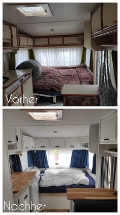 before and after photos of a camper with the bed pulled up to it's side