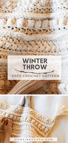 crocheted blanket with text overlay that says winter throw free crochet pattern