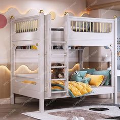 a white bunk bed with yellow and blue pillows in a child's playroom