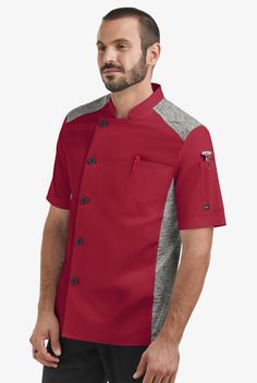 The kitchen is a cooler, more comfortable place in our Stretch Chef Coat. Short sleeves help with the cool, while the 2-way stretch fabric and knit side panels give you plenty of ease. No matter the temperature of the oven or the pace of your kitchen, Chef 360 always gives you 360 degrees of movement and comfort • Modern fit • Stand collar • Asymmetrical 5-button closure • Buttons have ChefUniforms.com logo • Total of 2 pockets • 1 chest pocket • 1 sleeve pocket • Short sleeve • Contrast-color s Chef Coats, Chef Uniforms, Chef Shirts, Chef Pants, Chef Uniform, Chef Coat, Chambray Shorts, Comfortable Place, Executive Chef