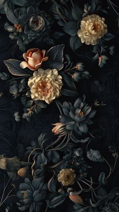 an image of a wallpaper with flowers and leaves on it's side in dark colors