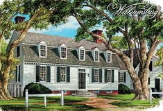 a painting of a white house with trees in the front yard and a fence around it