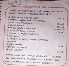 a menu listing hamburger soup on a piece of paper with writing in red and black