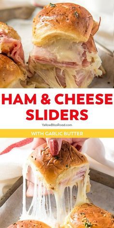 ham and cheese sliders with garlic butter on the side are shown in this collage