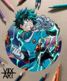 a drawing of an anime character surrounded by crayon pencils and colored markers