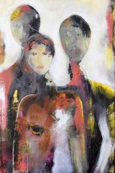 an abstract painting with three people standing next to each other