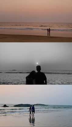 two people are walking on the beach at sunset and one is standing in the water