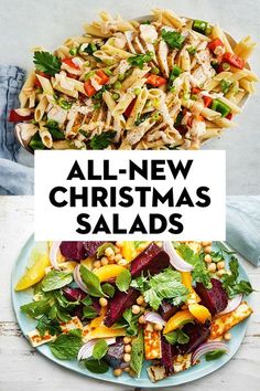 two plates filled with salads and the words all new christmas salads