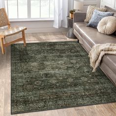 a living room area with a couch, chair and rug in front of a window