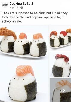 some kind of sushi with different toppings on it, and the caption says cooking bob? they are supposed to be birds but i think they look like the bad boys in japanese high school anime