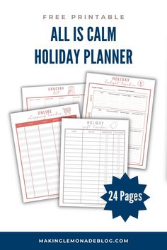 a holiday planner with the text free printable, all is calm and holidays planner