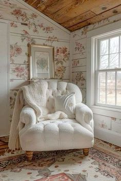 a white chair sitting in front of a window next to a rug and wall paper