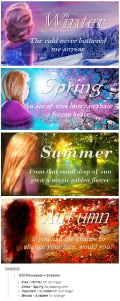 four different banners with the words winter, spring and autumn