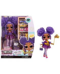 a doll with purple hair and big eyes in front of a toy shelf filled with toys