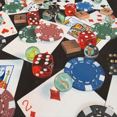 a painting of playing cards and dices on a table