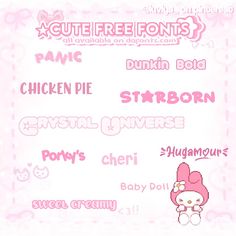 the menu for an anime restaurant with hello kitty and other characters in pink, white and black