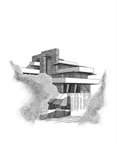 Architecture Drawing 
Architecture Illustration 
Falling Water pen Art Frank Lloyd Wright Architecture Drawings, Falling Waters Frank Lloyd Wright, Drawings Of Architecture, Falling Water Frank Lloyd Wright Sketch, Built Environment Art, Building References Architecture, Waterfall House Frank Lloyd Wright, Falling Water House Drawing, Falling Water Sketch