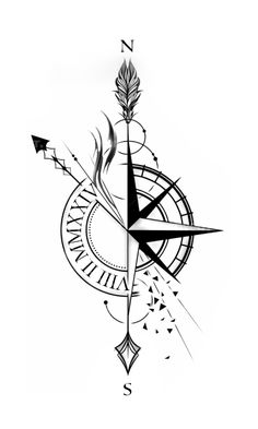 a black and white drawing of a compass with an arrow on the center, surrounded by other arrows