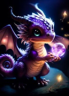 a purple dragon holding a crystal ball in its paws with glowing lights around it's eyes