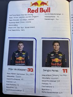 an open red bull racing book with two drivers