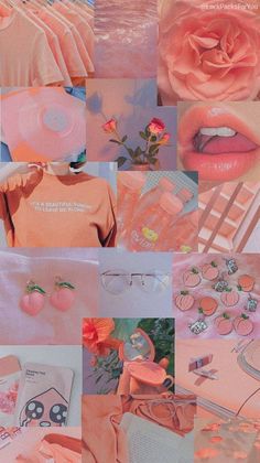 a collage of pink and orange images with flowers, clothing, lipstick, eyeglasses