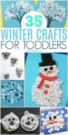 winter crafts for toddlers that include snowmen, trees and paper plates with the words 35