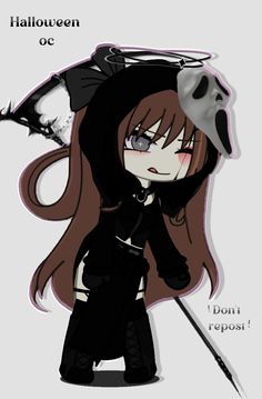 an anime character with long hair and a skull on her head, holding a knife