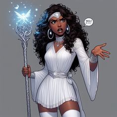 a woman dressed in white holding a wand