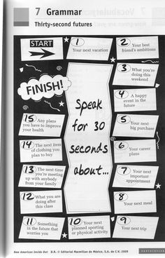 a poster with words and pictures on it that say, finish speak for 30 seconds about