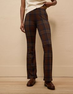 AE It Knit Pull-On High-Waisted Kick Boot Plaid Pant Casual Winter Elastane Pants, Fitted Plaid Bottoms For Winter, Casual Brown Elastane Bottoms, Casual Comfort Stretch Pants For Fall, Fall Pants With Elastic Waistband And 5-inch Inseam, Fall Brown Pull-on Bottoms, Casual Fitted Bottoms For Fall, Brown Pull-on Style Bottoms For Fall, Fitted Casual Bottoms For Fall