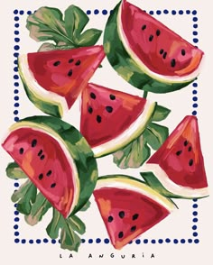 watermelon slices are arranged on a blue and white checkerboard background with the words, la angoura