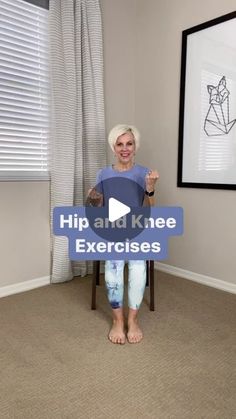 an older woman sitting in a chair with the words hip and knee exercises