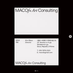 two business cards with the words macoff art consulting on them in black and white