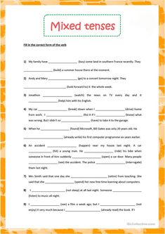 the worksheet for mixed tenses is shown in orange and white with an orange border