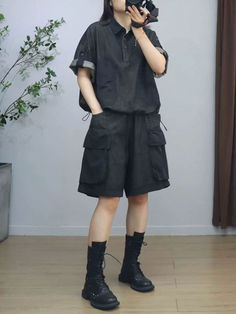 Styles:	Street Material:	Cotton Blend Clothing Length:	Regular Sleeve Length:	Short Sleeve Collar:	Polo Neck Decoration:	Pocket Pattern:	Bicolor Season:	Summer  #sets #allblack #summer #shirt #shorts Non Binary Summer Outfits, Masculine Outfits For Women, Masculine Outfits, Summer Teacher Outfits, Summer Sets, Hawaii Dress, Korean Fashion Summer, Jean Shirt, Chic Gowns