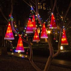 christmas lights are hanging from trees in the yard at night, with santa hats on them