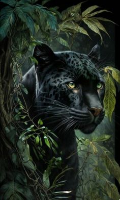 a painting of a black leopard in the jungle with green leaves on it's head