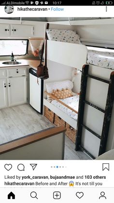 the interior of a mobile home with bunk beds and kitchenettes in white cabinets