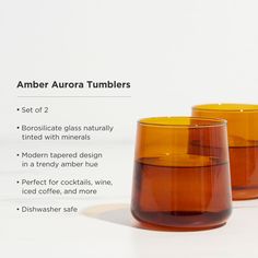 two brown glass tumblers sitting next to each other on a white surface with text describing them