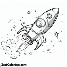 a drawing of a rocket ship flying through the sky with stars and clouds around it