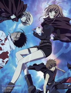 an anime scene with two women and one man in the air, surrounded by other people