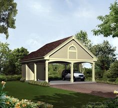 a car is parked in the driveway next to a garage with a carport on it